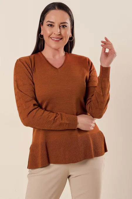 Plus Size Acrylic Sweater with V-Neck Sleeves and Side Slits
