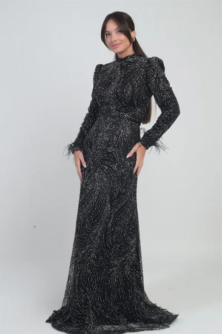 Robe longue en tulle pour femme avec doublure ornée de plumes, de perles et de sequins