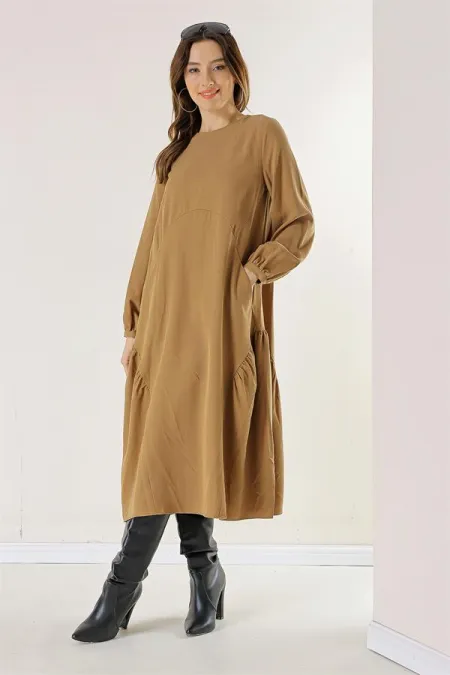 Buttoned Sleeve, Pocketed, Ruffled Lyocell Dress