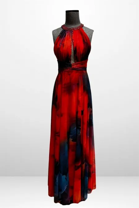 Robe longue en mousseline pour femme, drapée sur le devant, doublée, ornée de perles et de broderies florales.