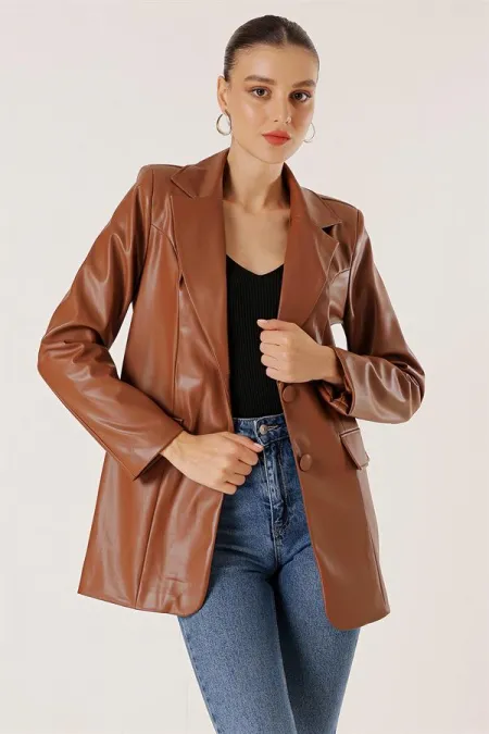 Çift Düğmeli Sahte Cepli Astarlı Deri Ceket