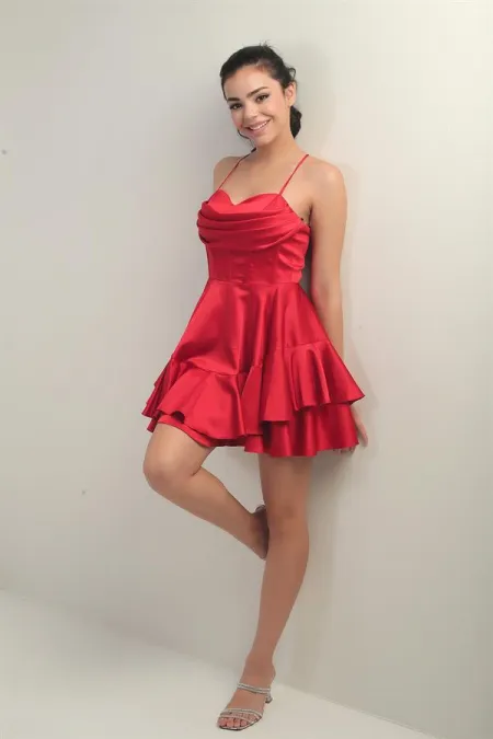 Women's Strappy Back Tie Underwired Short Satin Dress with Layered Lining