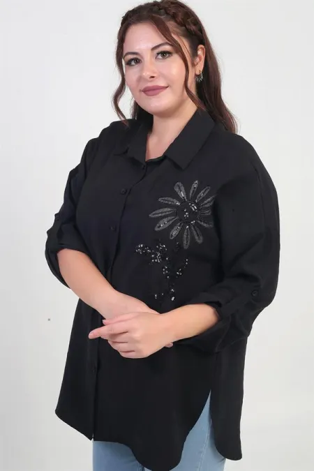 Chemise grande taille pour femme avec fentes latérales, applications florales et manches repliées