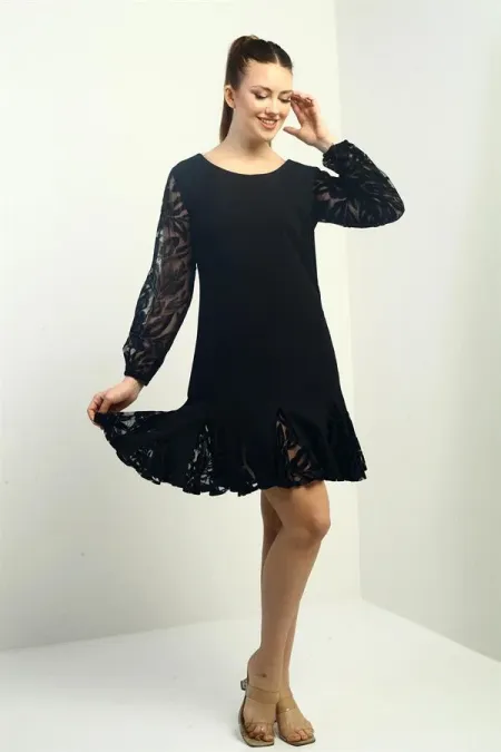 Women's Short Dress with Flocked Print on Sleeves and Hem, and Ruffled Detail.