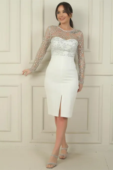 Kadın Üstü Tül Yaprak Flok Baskılı Kemerli Kısa Krep Elbise