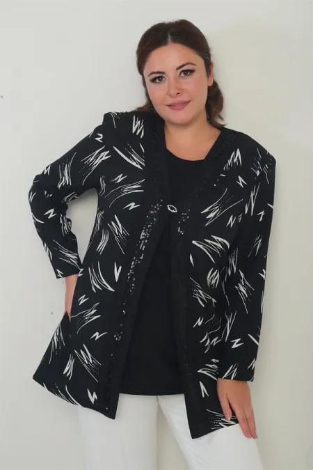 Ensemble 2 pièces pour femme, composé d'un chemisier sans manches en lycra avec détail rayé en PU sur le devant et d'une veste en crêpe à motifs, grandes tailles.