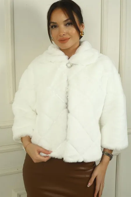 Kadın Tek Düğmeli Astarlı Baklava Desen Kürk Ceket