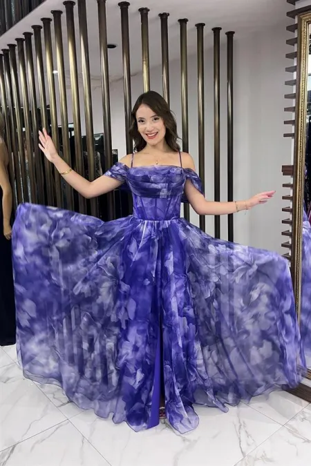 Robe longue en organza floral à fines bretelles et manches basses pour femme, drapée sur le devant, doublée