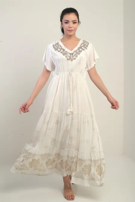 Women's V-Neck Beaded Lined Pocketed Flush Jacquard Long Dress