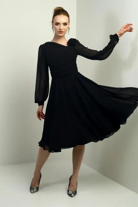 Women's Floral Detail Lined Long-Sleeved Chiffon Midi Dress