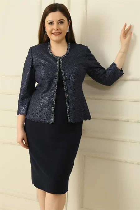 Robe en crêpe avec col et doublure ornés, veste à sequins, ensemble deux pièces grande taille