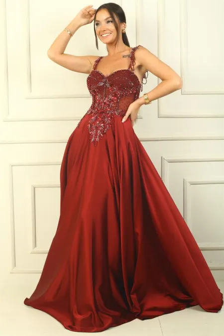 Strappy, Beaded and Sequined, Underwired, Transparent Lined Satin Long Evening Dress
