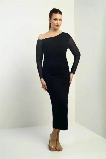 Kadın Kristal Tül Kollu Beli Büzgülü Uzun Elbise