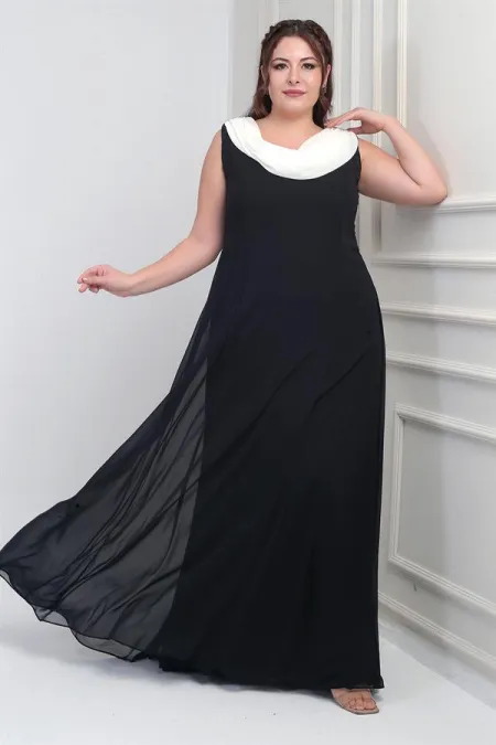 Women's Plus Size Long Chiffon Dress with V-Neck, Back Stone Detail, Ruffles, and Lining