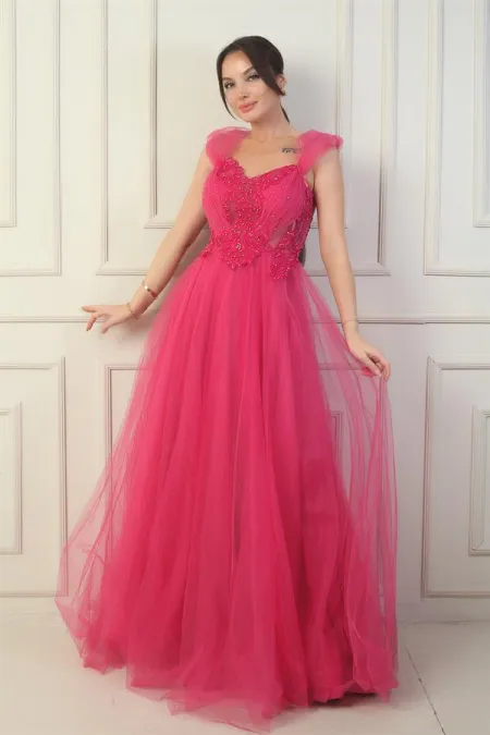 Robe de soirée princesse pour femme, décolleté en V devant et dos, manches tombantes doublées et broderie appliquée sur le haut