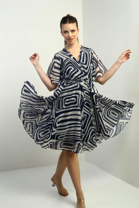 Women's Wrap Neckline Belted Lined Geometric Pattern Chiffon Dress