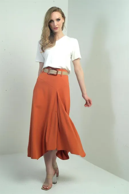 Women's Long Loose Skirt with Waist Belt and Zipper at Back and Slit in Front