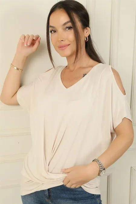 Women's V-Neck Off-Shoulder Knot Front Short Batwing Sleeve Viscose Blouse