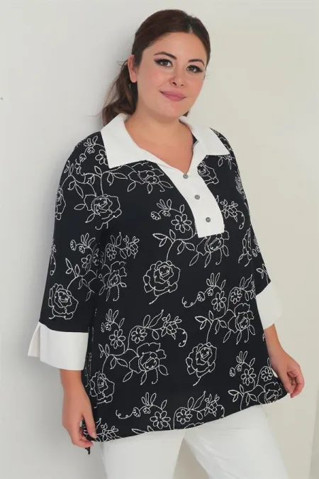 Women's Buttonhole Neckline Floral Embroidered BB Blouse