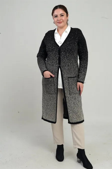 Gilet long tricoté grande taille pour femme, motif neige, avec poches