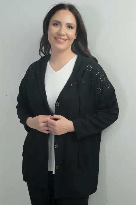 Kadın Kapüşonlu Önü Düğmeli Cepli Fistolu Büyük Beden Hırka