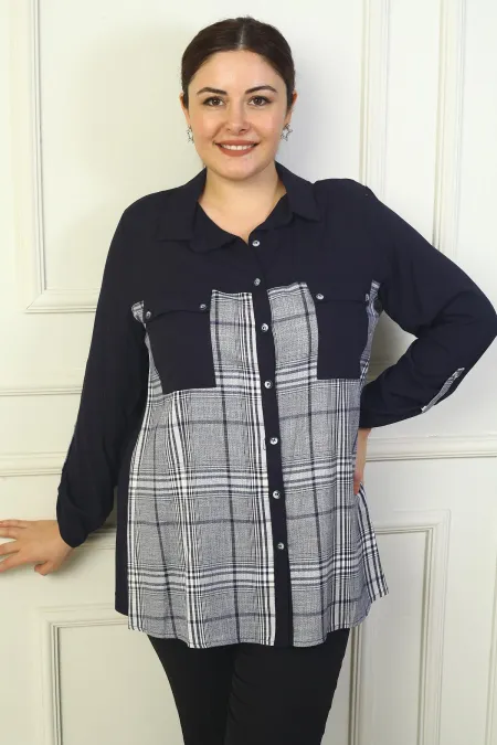 Chemise femme en viscose à carreaux avec double poche sur le devant et manches repliées, grande taille