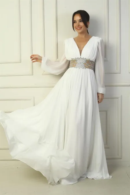 Robe de soirée longue en mousseline de soie avec col en V et taille brodée pour femme