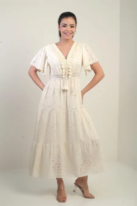 Women's V-Neck Front Tasseled Lined Long Lace Dress