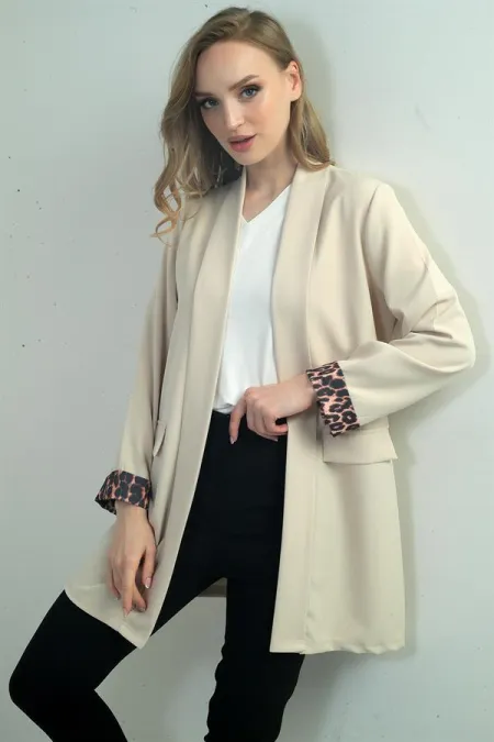 Women's Shawl Collar Leopard Printed Long Sleeve Lycra Jacket