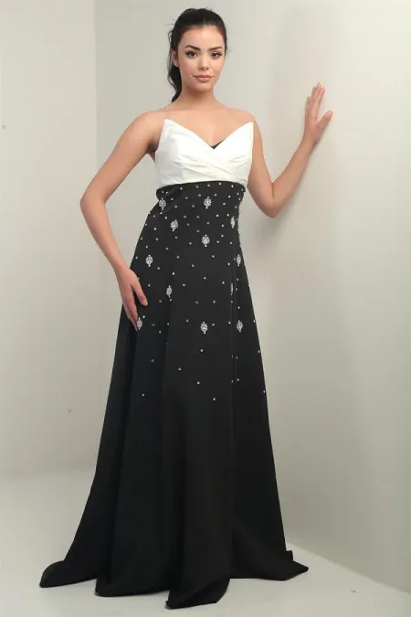 Women's Taffeta Top Strapless Double Stone Spliced Flared Long Dress