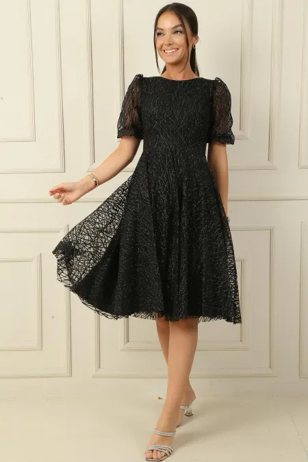 Robe de soirée courte à manches demi-ballon doublée et imprimé floqué