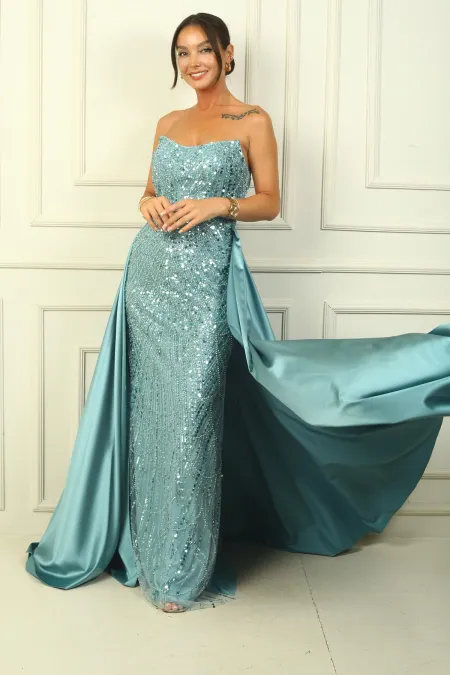 Strapless Lined Satin Train Sequin Long Dress