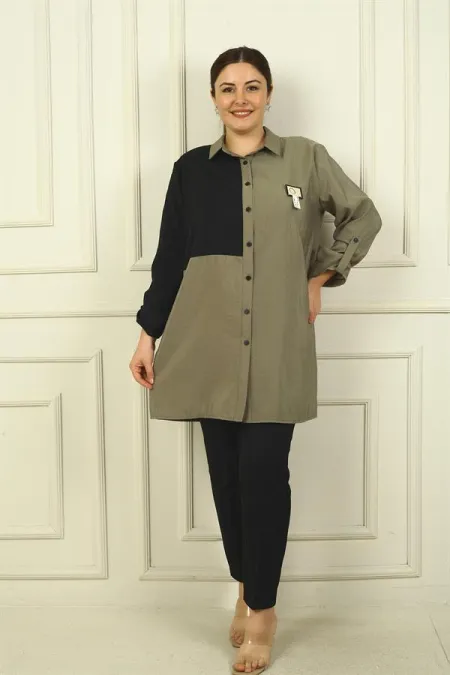 Manteau long grande taille pour femme, à manches retroussables et à empiècements colorés