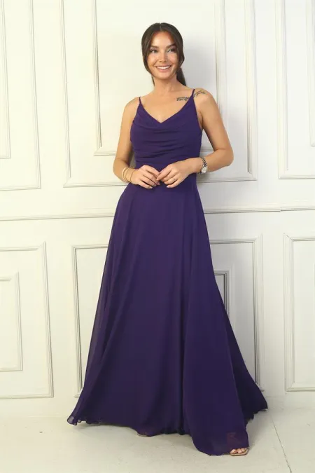 Kadın İp Askılı Drapeli Astarlı Şifon Uzun Elbise