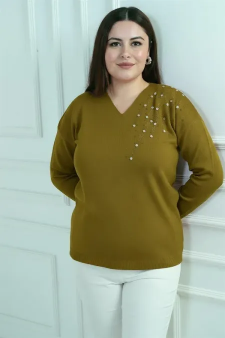 Chemisier en maille à strass grande taille pour femme, col en V