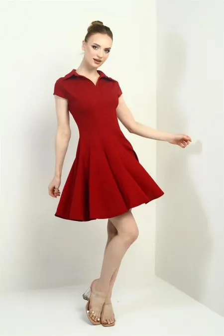 Kadın Polo Yaka Ay Kollu Likralı Kloş Kısa Elbise