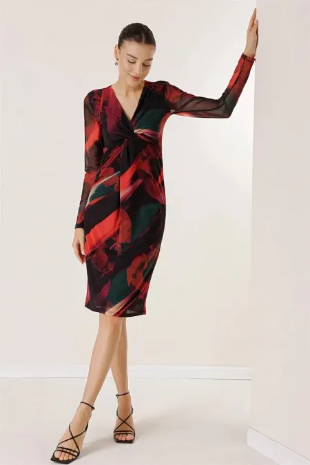 Lined Patterned Tulle Dress with Knot Detail at the Front