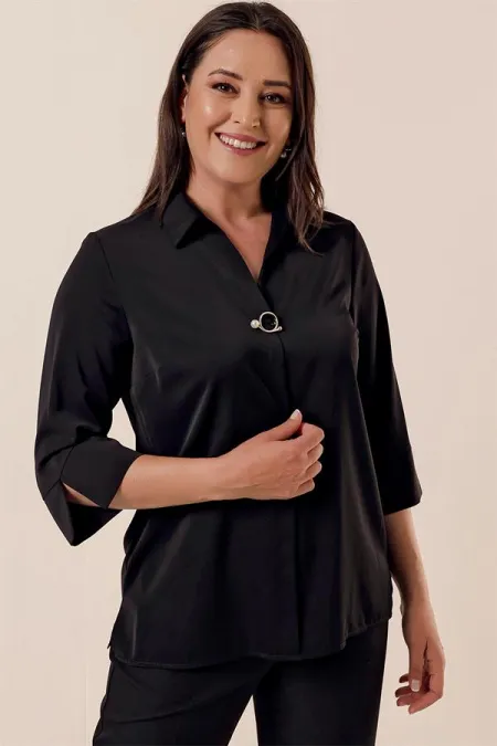 Polo Collar Quarter Sleeve Plus Size Blouse