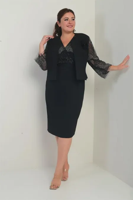 Robe portefeuille à taille drapée et manches en tulle, veste doublée ornée de sequins, ensemble deux pièces grande taille