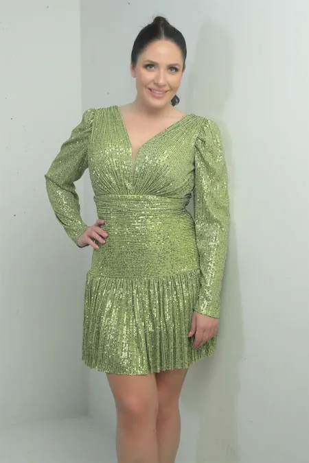 Robe à sequins grande taille pour femme, décolleté en V devant et dos, doublée, manches longues drapées, drapée