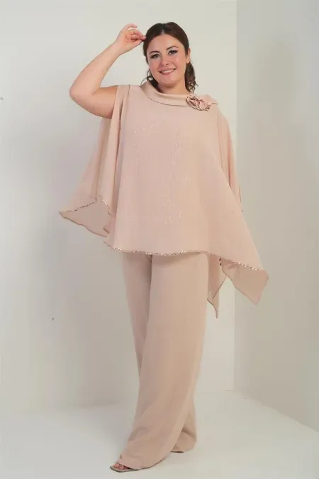 Cape en satin à col et doublure à sequins pour femme, chemisier sans manches, pantalon palazzo, ensemble 3 pièces en mousseline doublée grande taille