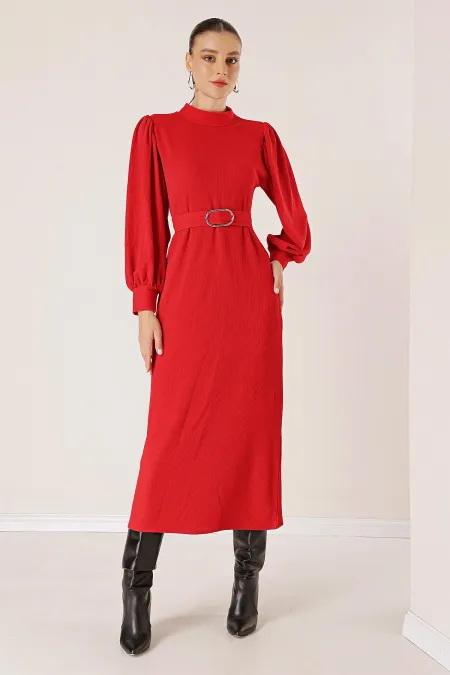 Beli Kemerli Omuz Büzgülü Elbise