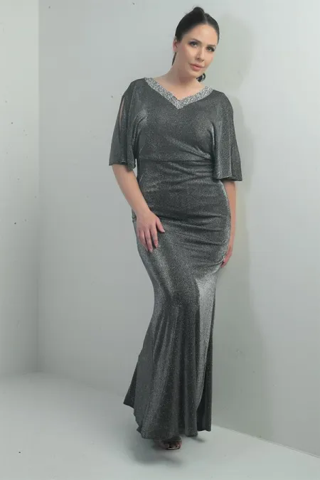 Robe longue pailletée grande taille pour femme, décolleté en V, doublure, manches chauve-souris, devant et dos délavés