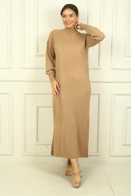 Round Neck, Zip-Up Long Sleeve Knitted Dress