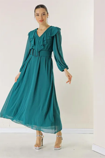 Yakası Volanlı Bantlı Beli Kemerli Astarlı Şifon Elbise