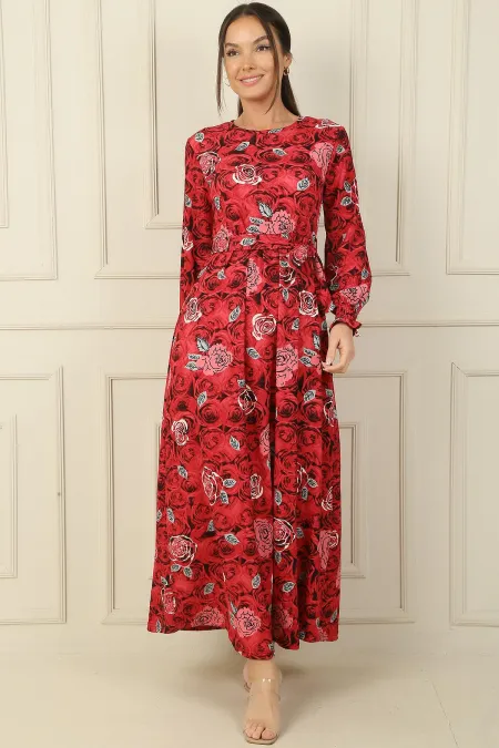 Beli Kuşaklı Gül Desenli Kol Uçları Büzgülü Gofre Uzun Elbise