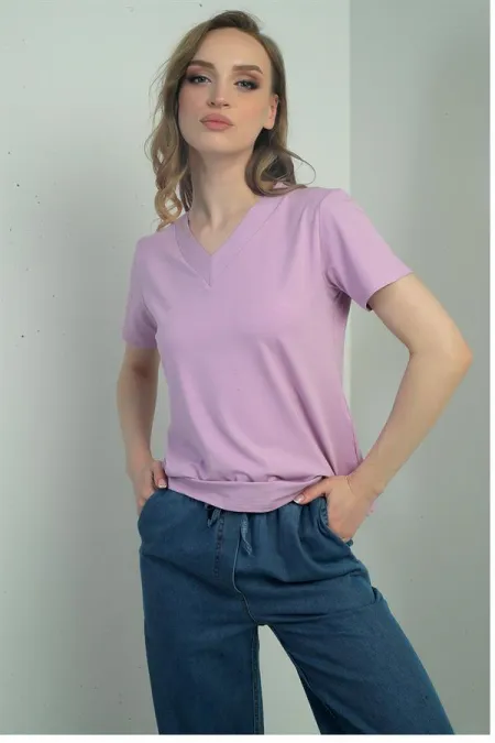 Kadın V Yaka Yırtmaçlı Kısa Kol Bluz