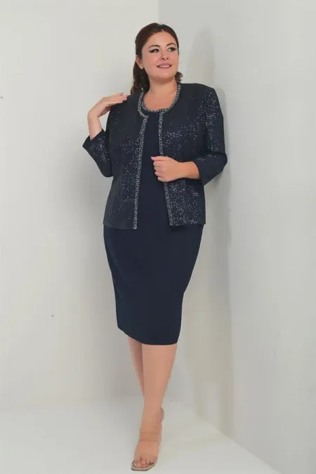 Robe sans manches doublée pour femme avec veste ornée de sequins et de pierres, ensemble deux pièces grande taille