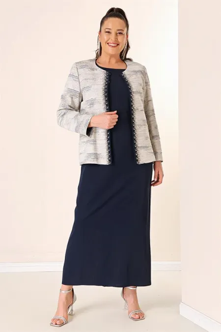 Robe longue sans manches ornée de pierres, tissu jacquard, grande taille, doublée, ensemble deux pièces