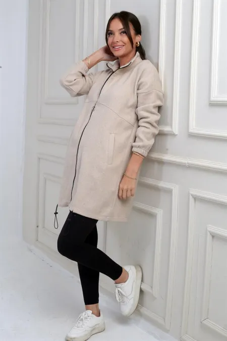 Manteau long en cachemire pour femme avec fermeture éclair sur le devant et poches élastiquées